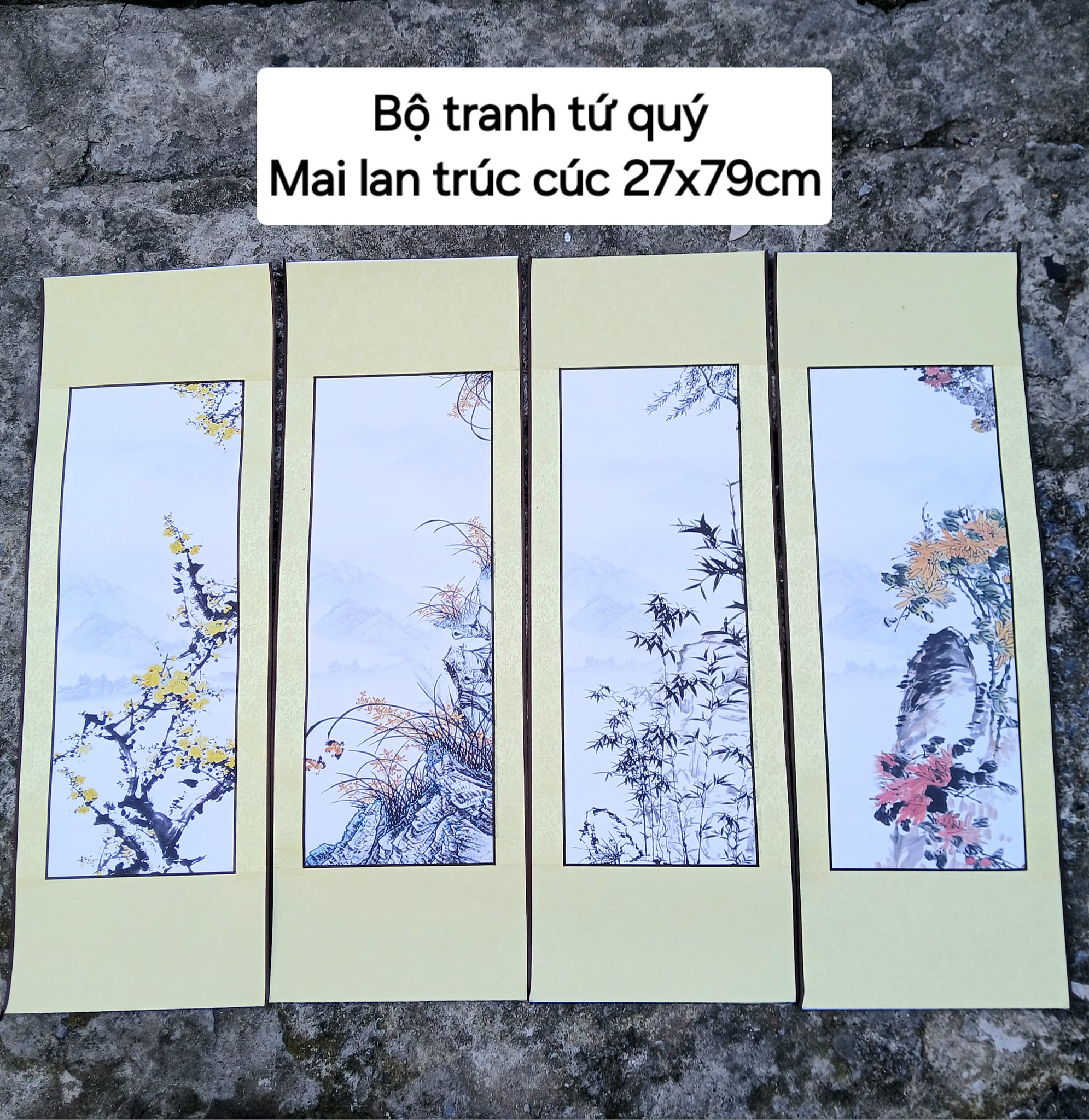 Bộ tranh tứ quý bồi lụa 27*79cm